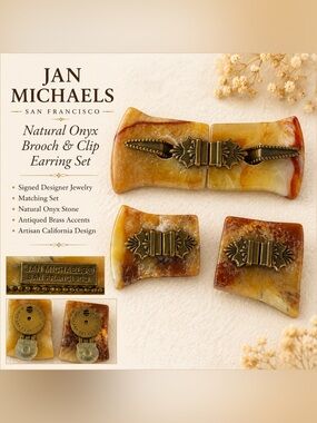 Jan Michaels Natural Onyx Brooch & Clip Earring Set